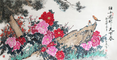 牡丹花开天下春136×68cm